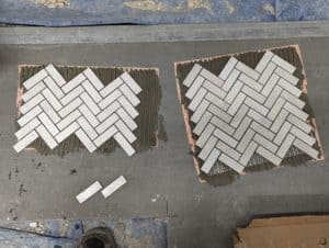 Mounted prefab mosaic sheet and the pieces that I made onto Kerdi tape