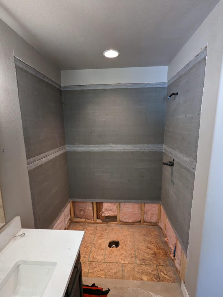 Underlayment installed in master shower