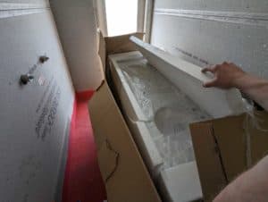 Big, heavy vanity sitting in the hot tub shower, preventing me from starting to tile there