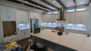 Backsplash with under-cabinet lights on