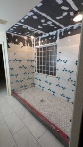 Master shower walls partially set