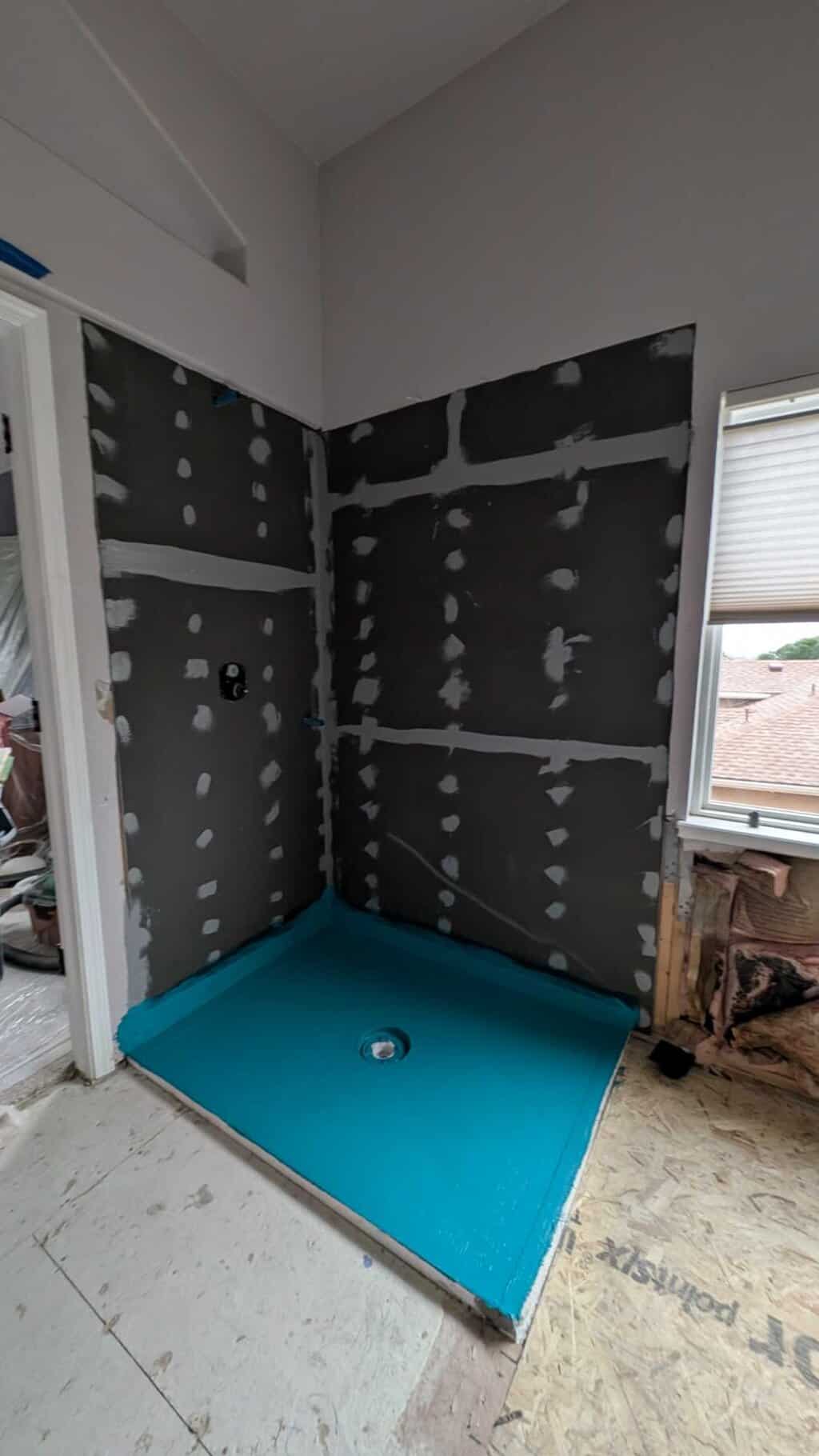 Master shower pan taped and waterproofed2