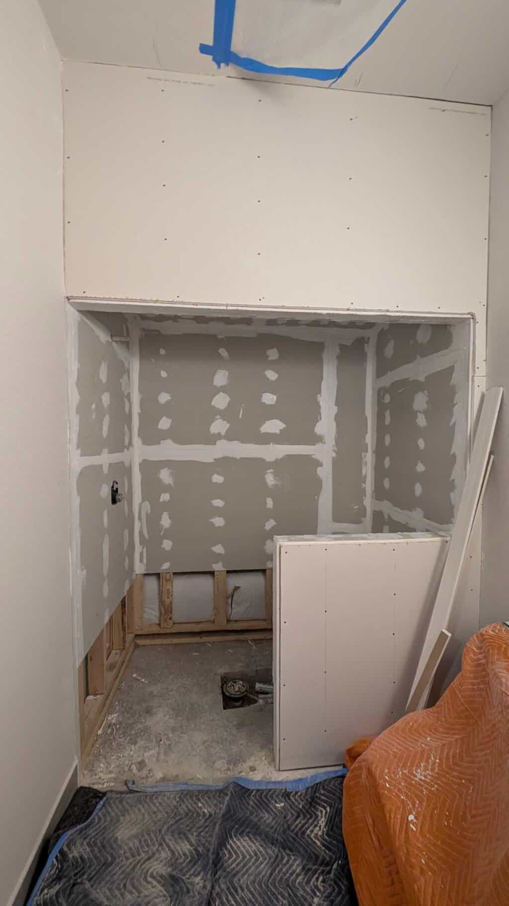 Basement stream shower walls and ceiling underlaid and sealed