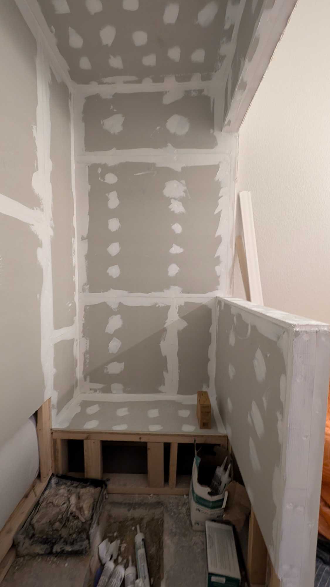 Basement stream shower walls and ceiling underlaid and sealed3