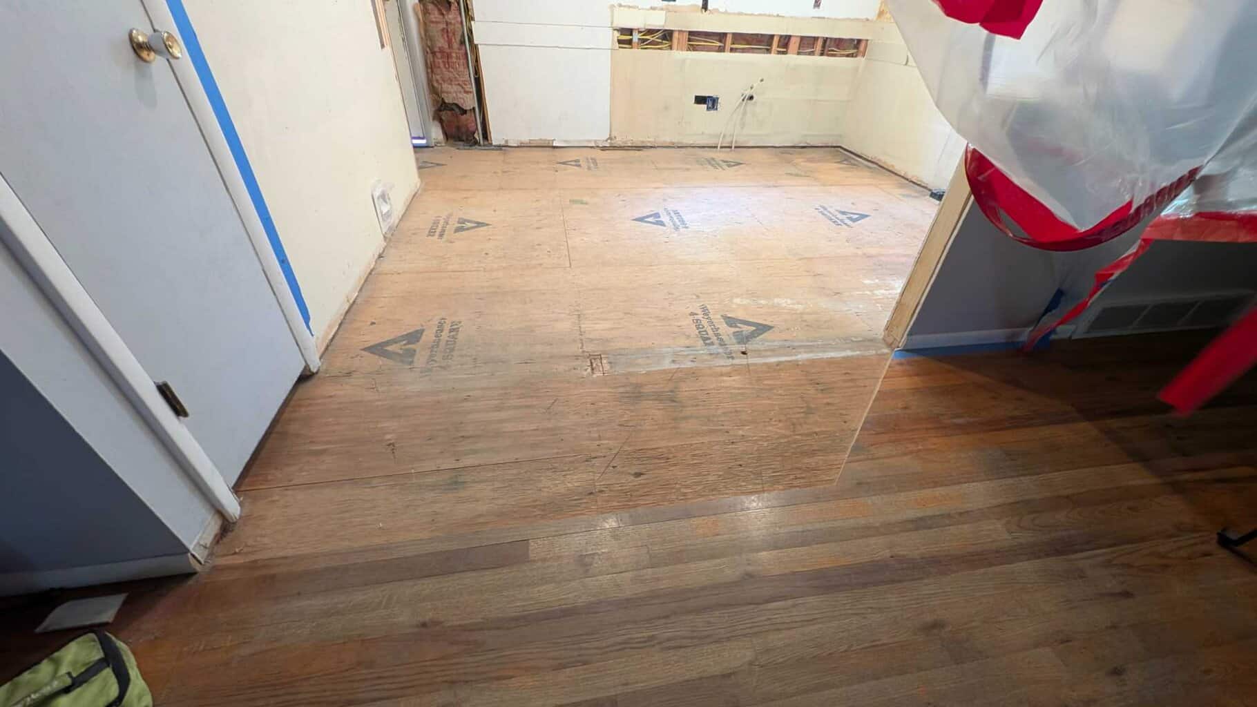 Extra wood area demo'd and floor prepped for underlayment