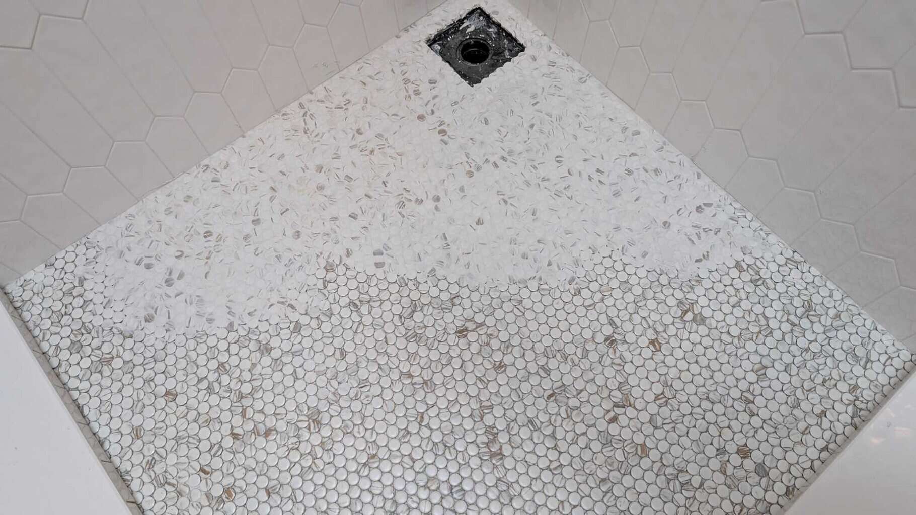 Grouting the pennies on the floor