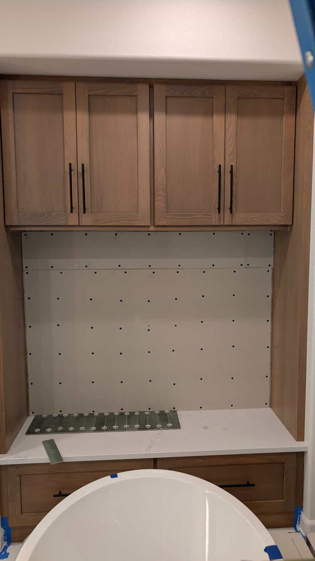 Primary bath backsplash underlayment installed