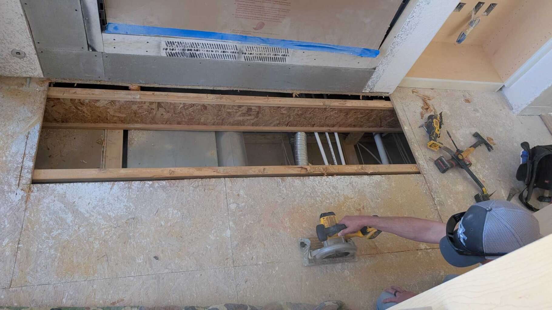 Cutting out subfloor to recess tile