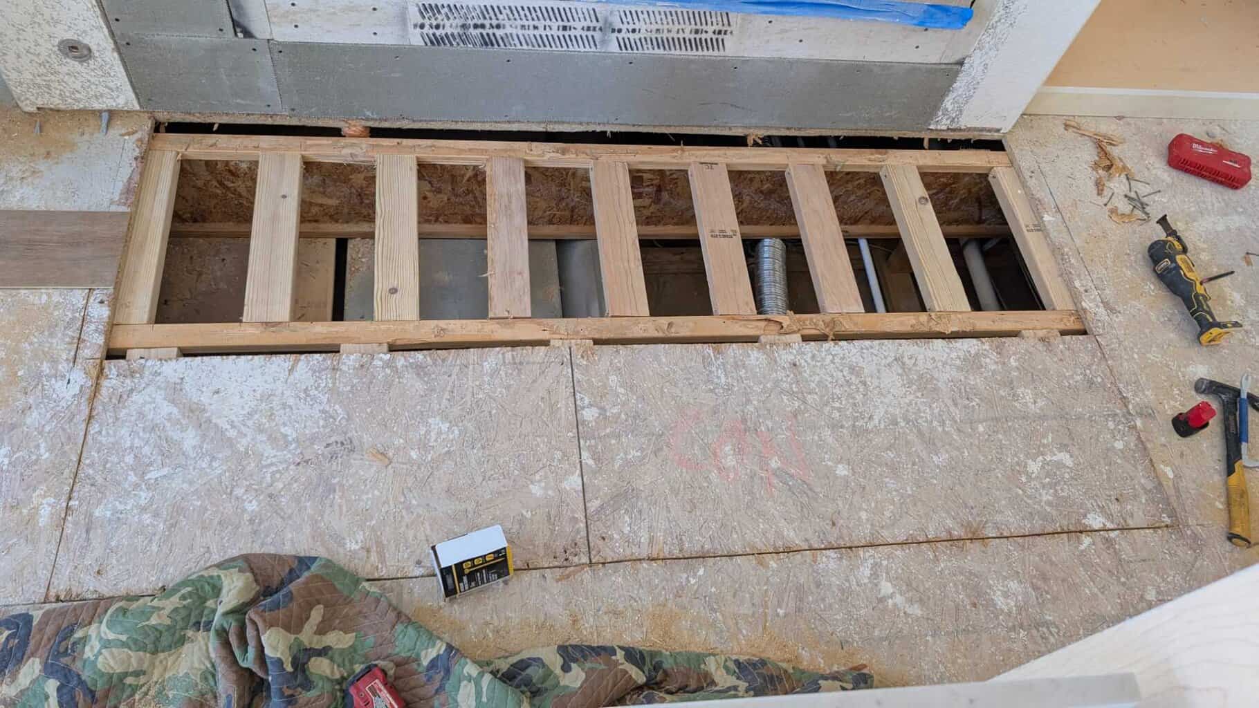 Installing blocking for recessed hearth