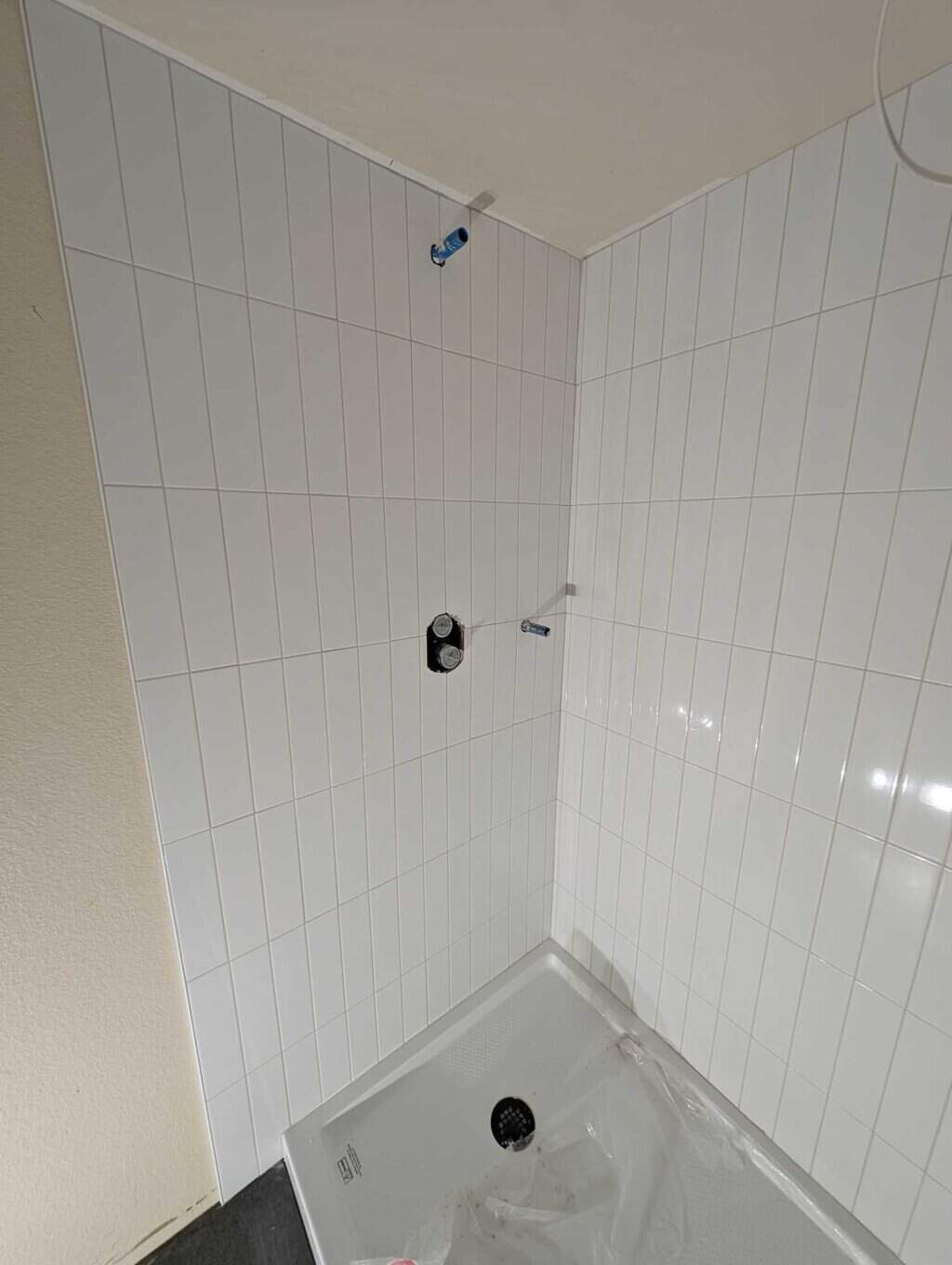 Basement shower surround grouted and finished