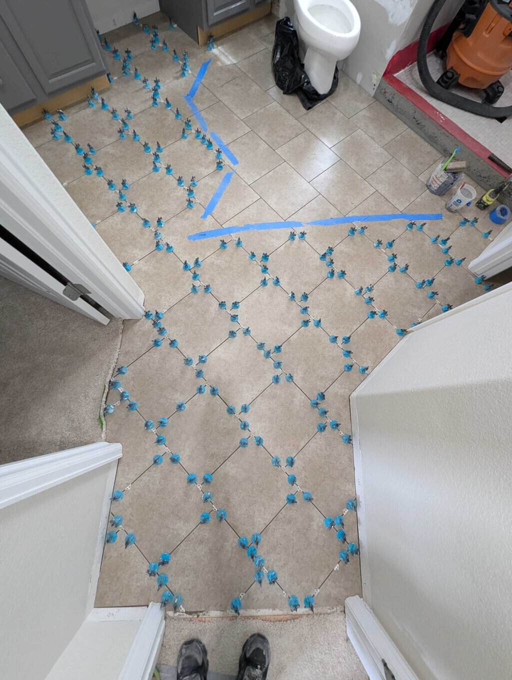 Primary bath floor almost fully installed