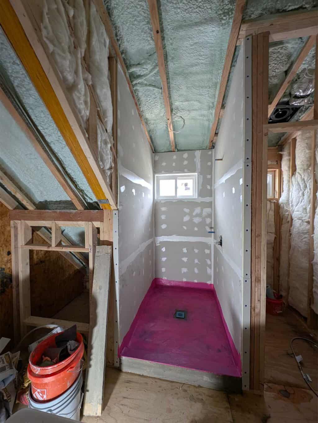 Primary shower underlaid and waterproofed