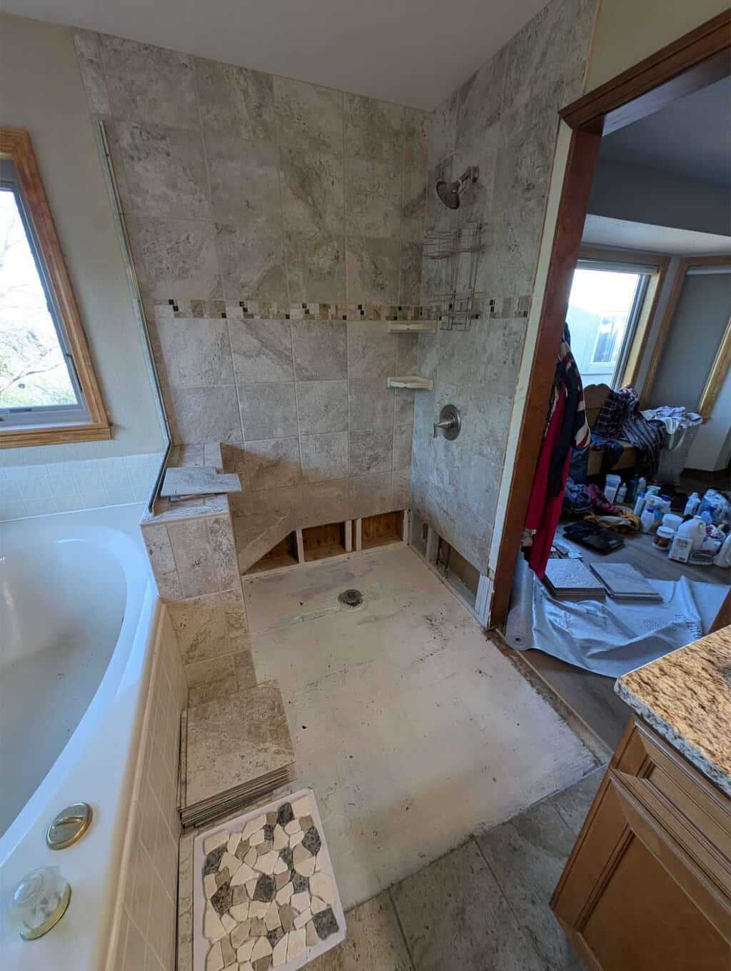 Primary shower pan to be poured and floor repaired